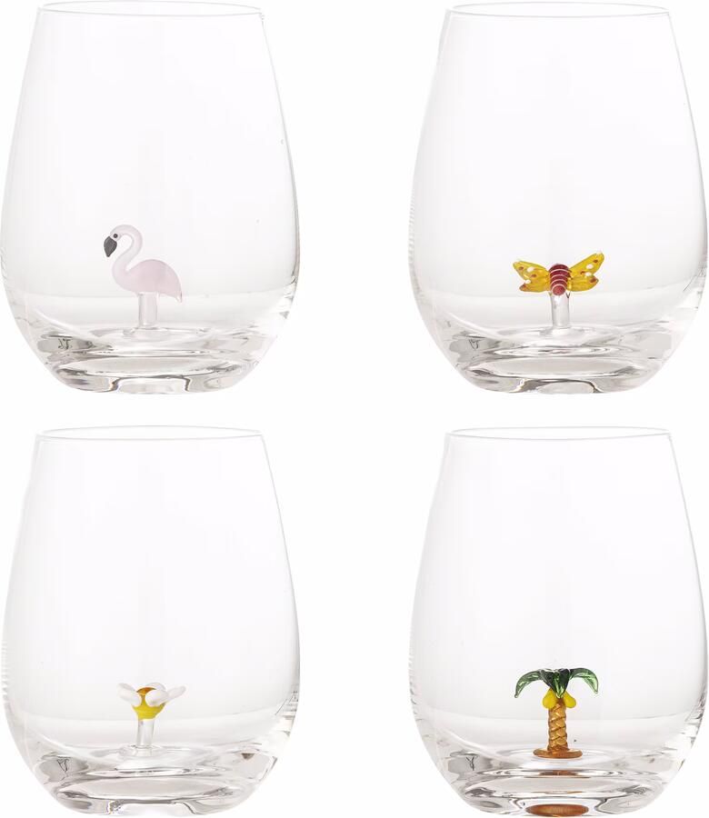 Bloomingville Drinkglas Misa Flamingo Vlinder Bloem Palmboom Set van 4 stuks Transparant