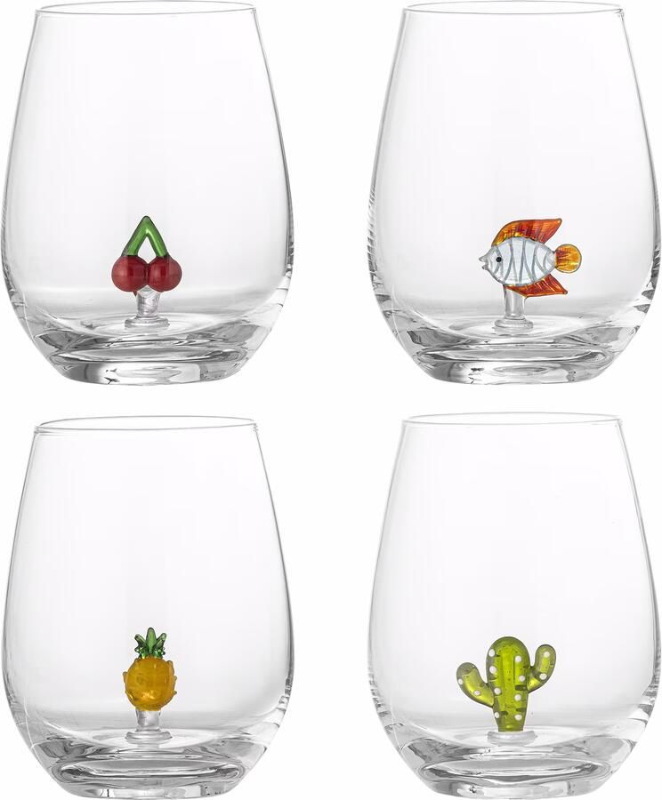 Bloomingville Drinkglas Misa Vis Ananas Cactus Kers Set van 4 stuks Transparant