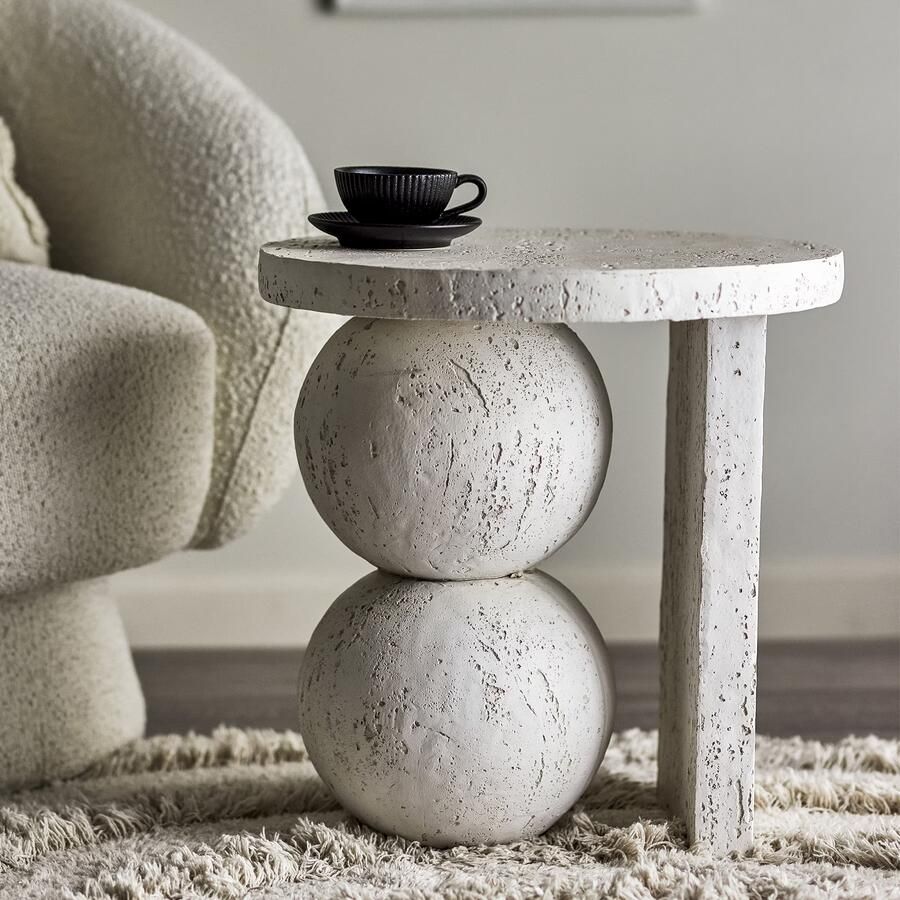 Bloomingville Ronde Bijzettafel Tally Travertinlook 46cm Wit