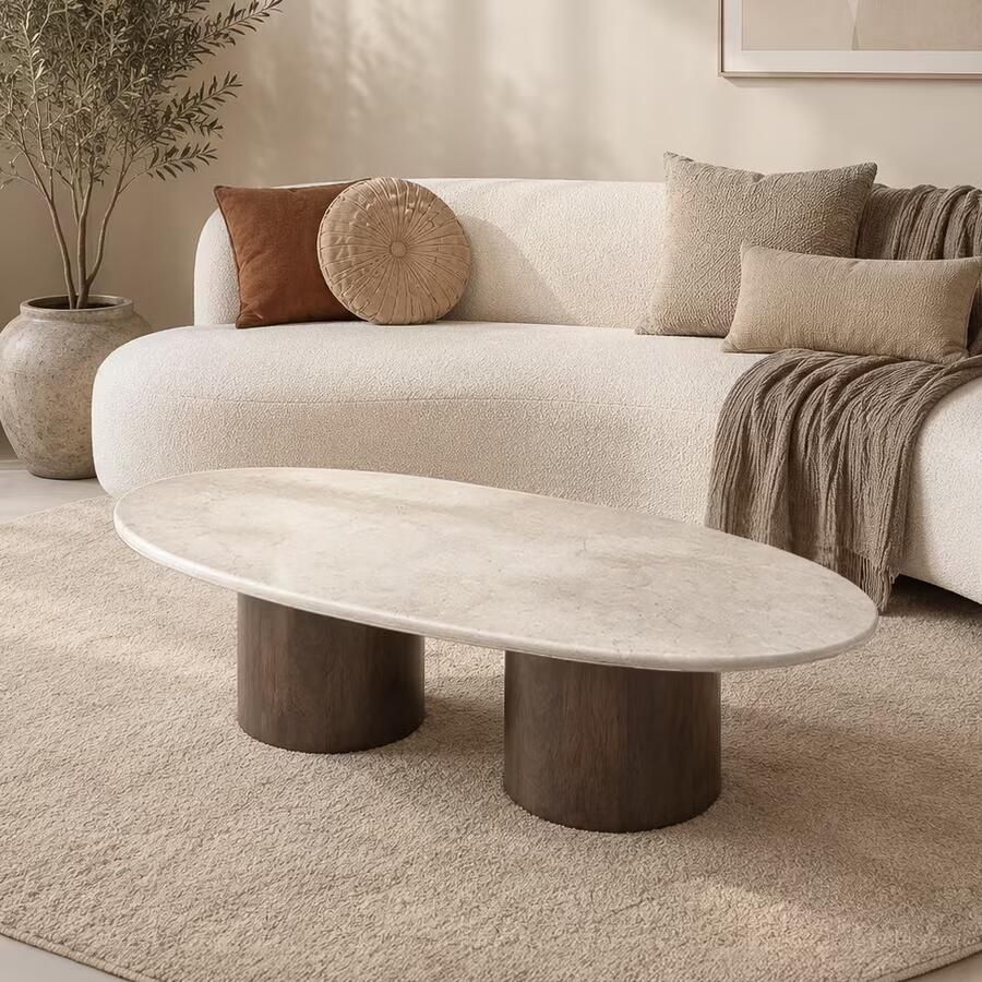 Brix Ovale Salontafel Duno Bottecino Marmer & Mangohout 120 x 65cm Beige Ovaal