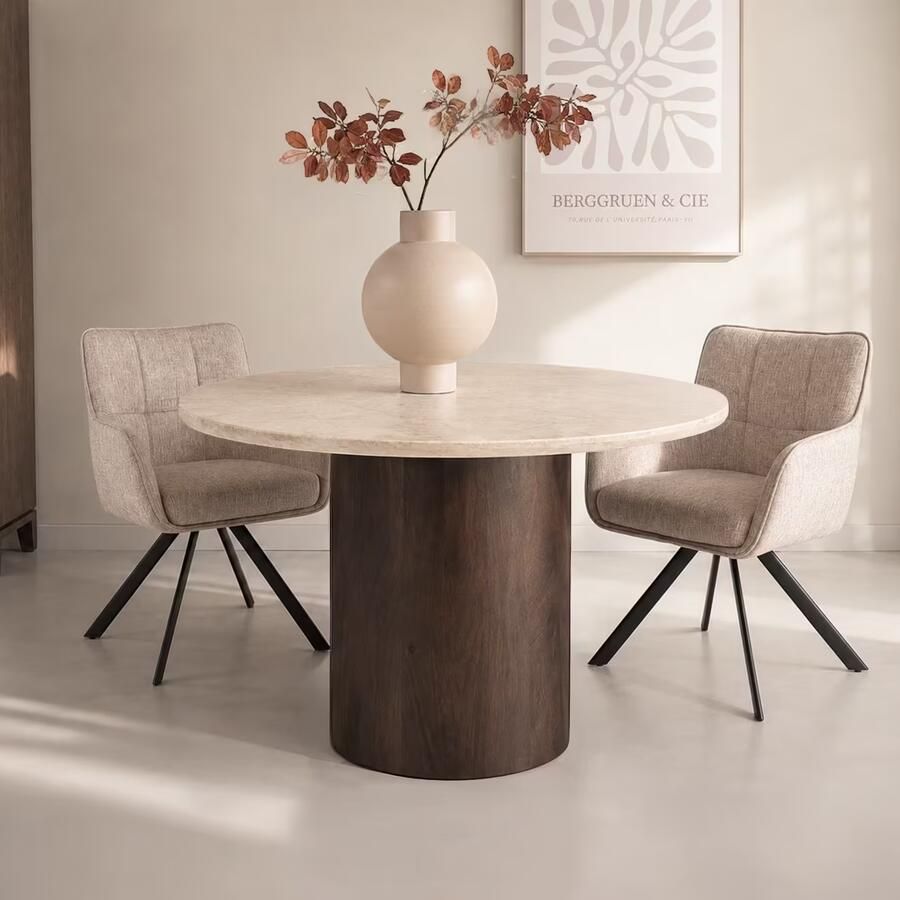 Brix Ronde Eettafel Bottecino Marmer & Mangohout Ø120cm Beige