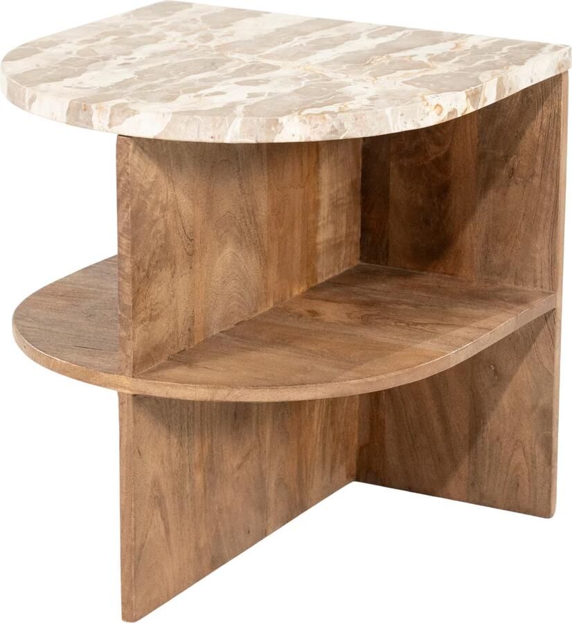 By-Boo Half Ovale Bijzettafel Marwood Marmer en mangohout 44 x 44cm Natuurlijk