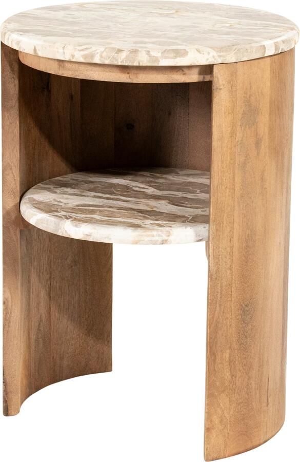 By-Boo Ronde Bijzettafel Marbelon Marmer en mangohout 40cm Natuurlijk