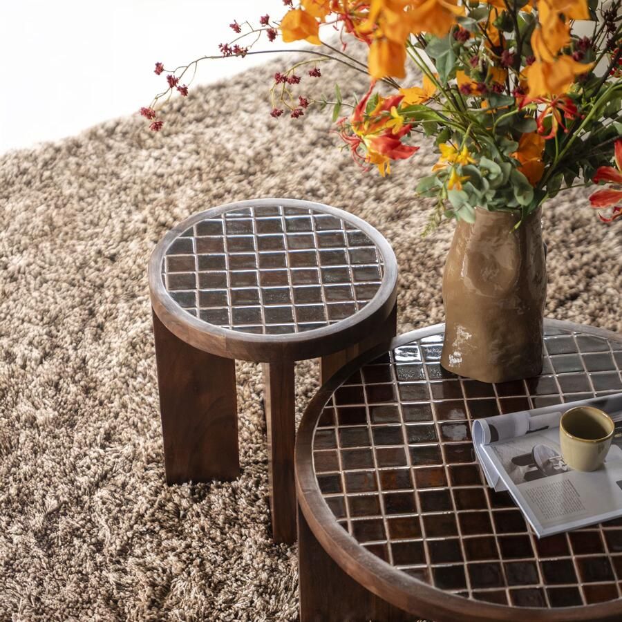 By-Boo Ronde Bijzettafel TiledUp Keramiek en mangohout 40cm Bruin