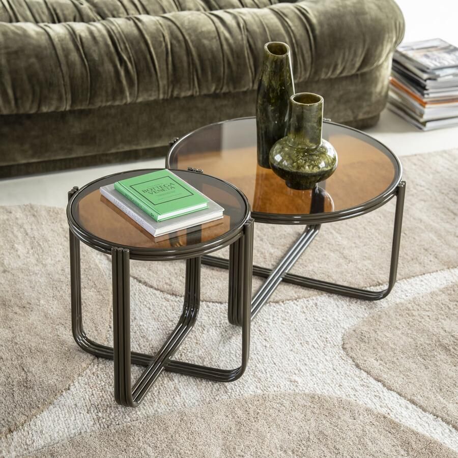 By-Boo Ronde Salontafel Groovy Set van 2 stuks Glas Bruin