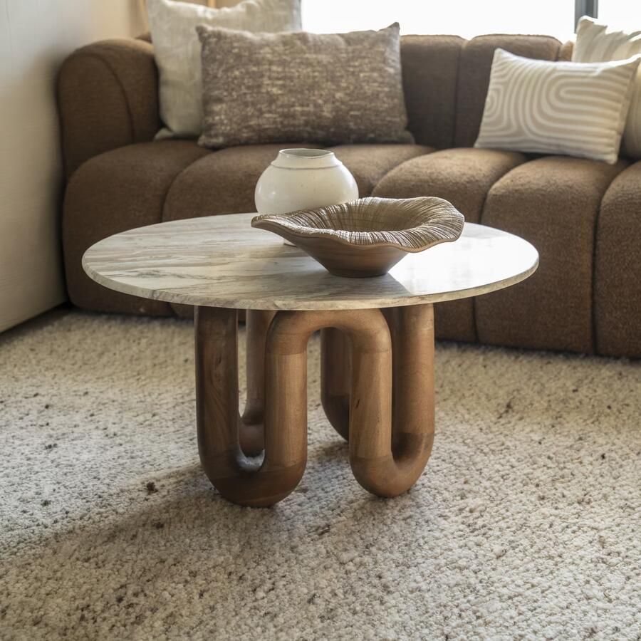 By-Boo Ronde Salontafel LoopStone Marmer en mangohout 80cm Natuurlijk