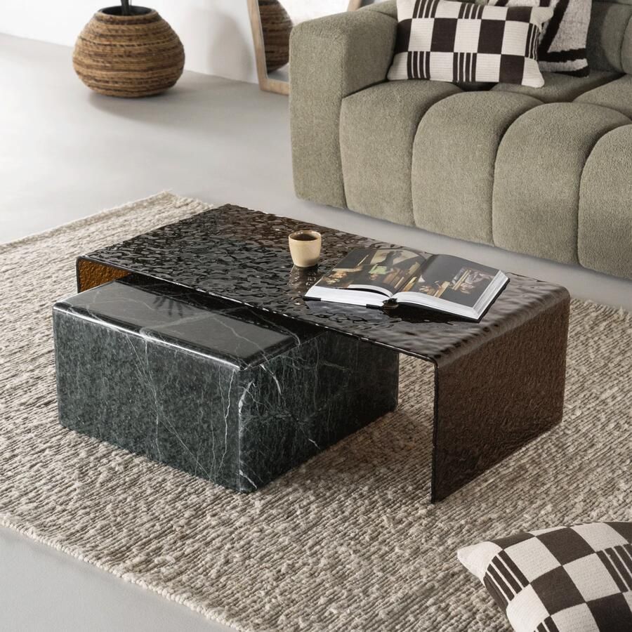 By-Boo Salontafel Ripple Dice Glas en marmer Set van 2 stuks Bruin