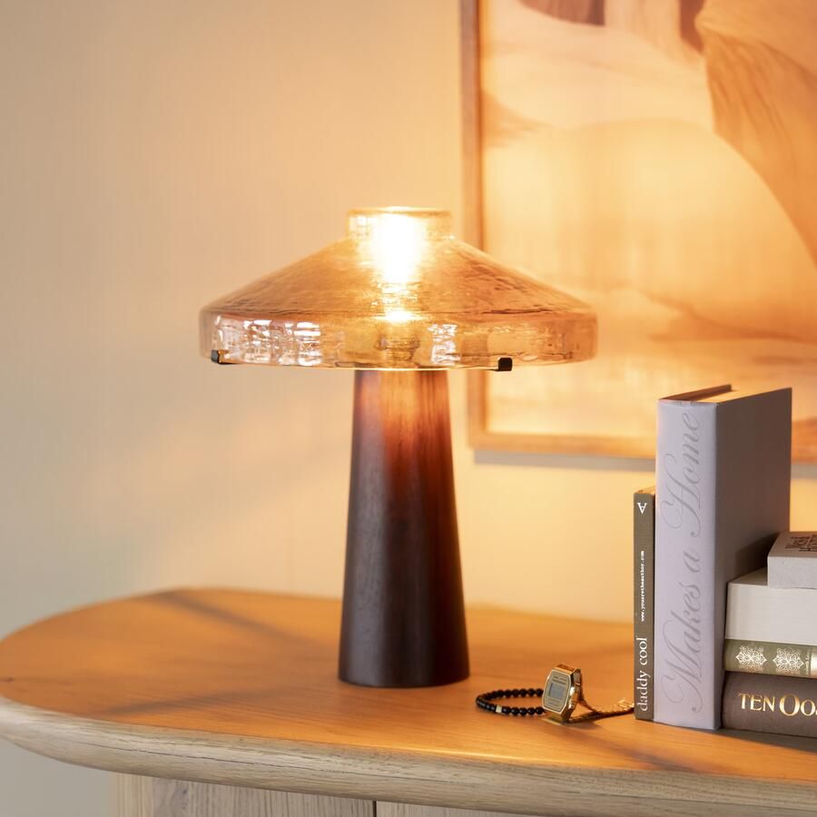 By-Boo Tafellamp Dome Hout en glas 35cm hoog Bruin