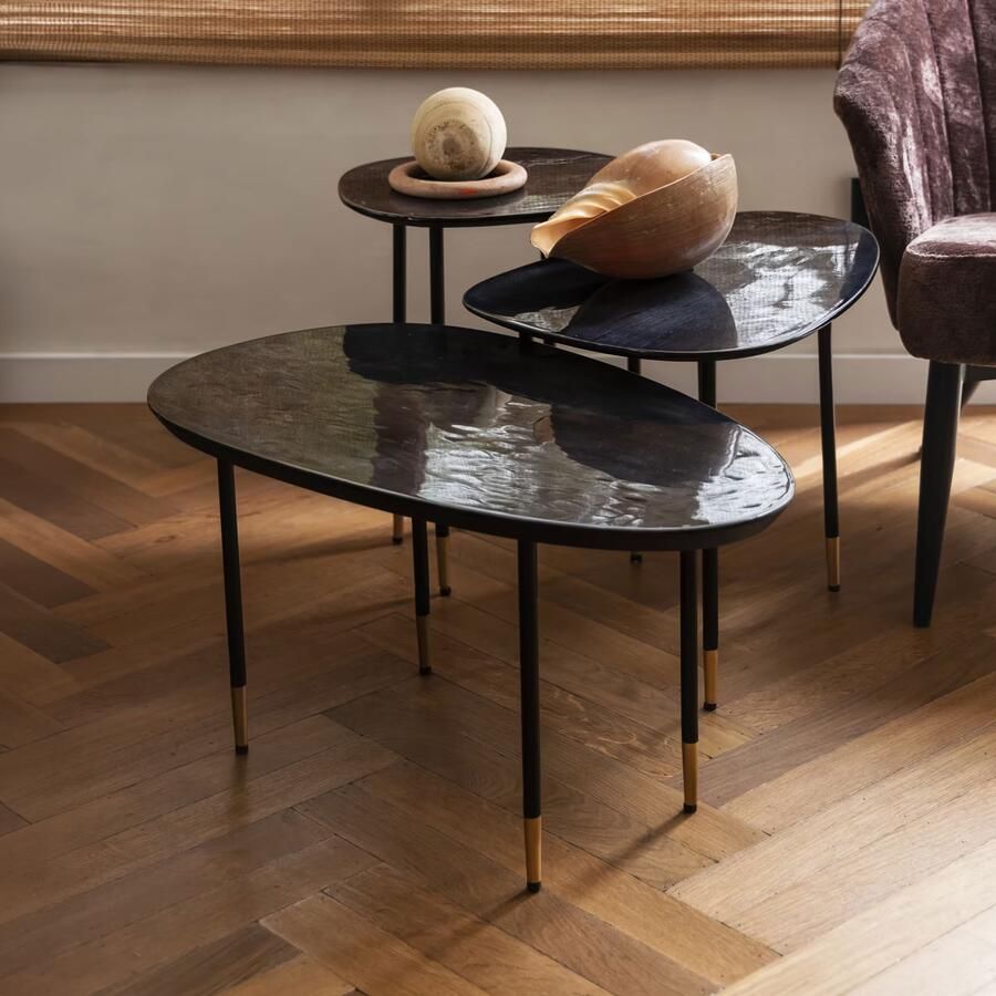 Dutchbone Organische Bijzettafel Phyllis Mangohout Set van 3 stuks Zwart