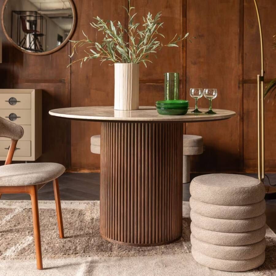 Dutchbone Ronde Eettafel Arda Walnoot en travertin 115cm Bruin