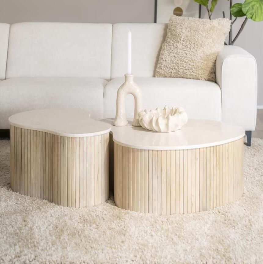 Eleonora Organische Salontafel Kira Mangohout en marmer Set van 2 stuks Beige Japandi