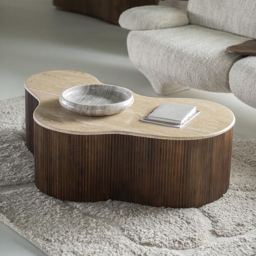 Eleonora Organische Salontafel Mari Mangohout en Travertin 129 x 84cm Bruin Japandi