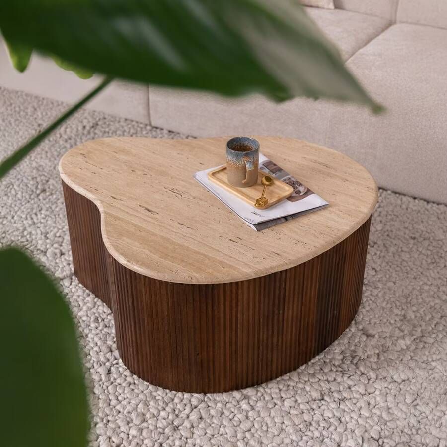 Eleonora Salontafel Mari Organisch Mangohout en Travertin 83 x 72cm Bruin