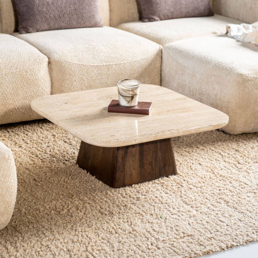 Eleonora Salontafel Travis Mangohout en Travertin 80 x 80cm Bruin Vierkant