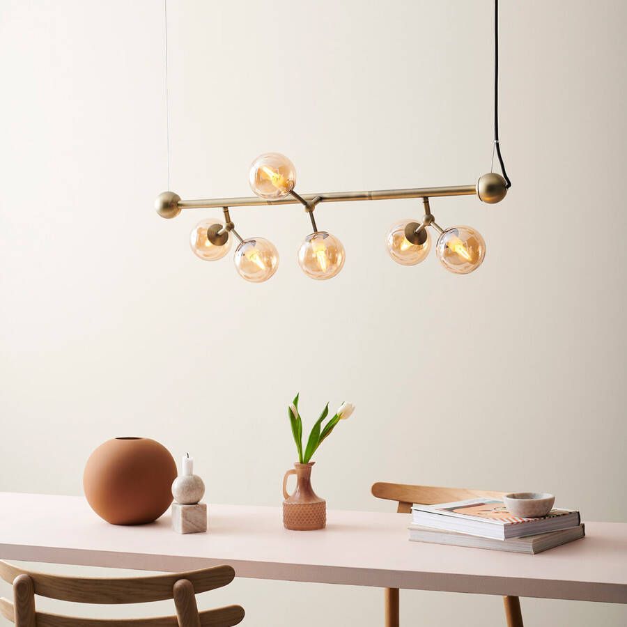 Halo Design Hanglamp 'Atom' Horizontaal 6-lamps kleur Messing Amber