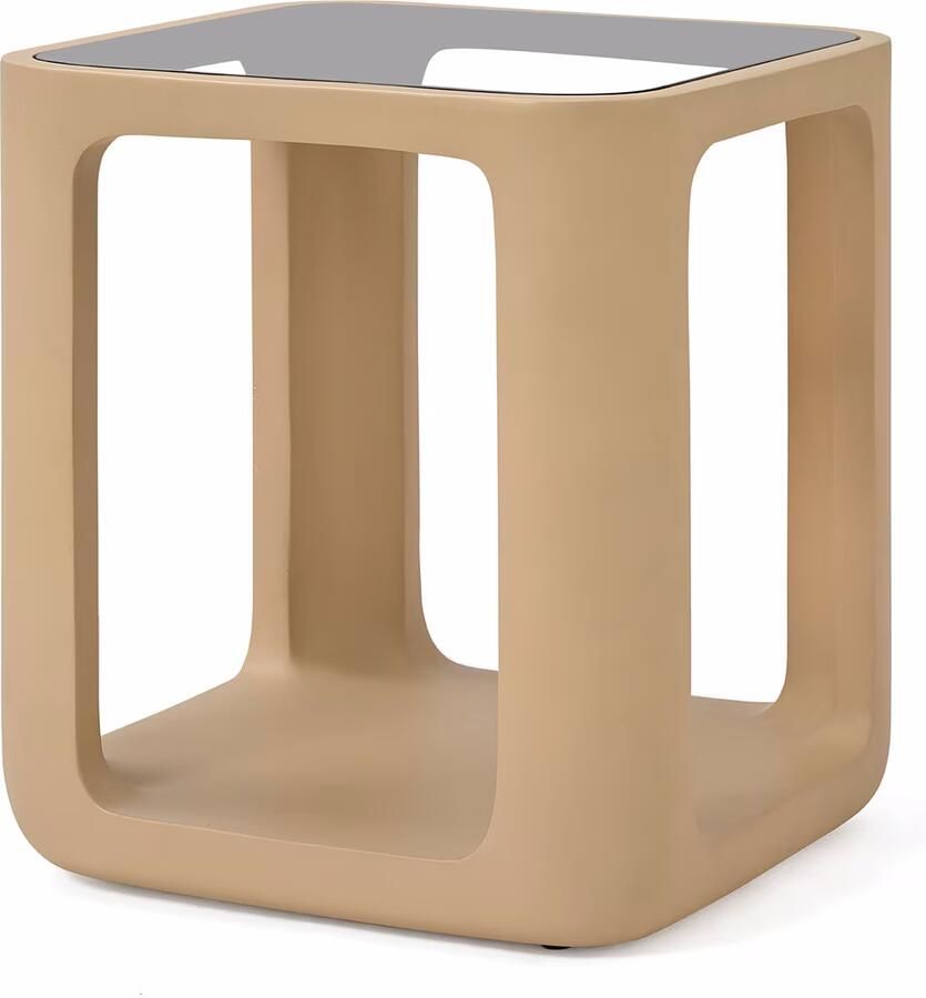 Jesper Home Bijzettafel Yobeko Mudstone textuur en glas 48cm Beige Vierkant