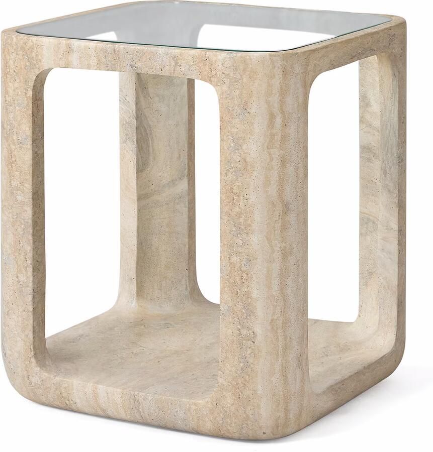 Jesper Home Bijzettafel Yobeko Travertinlook en glas 48 x 48cm Vierkant