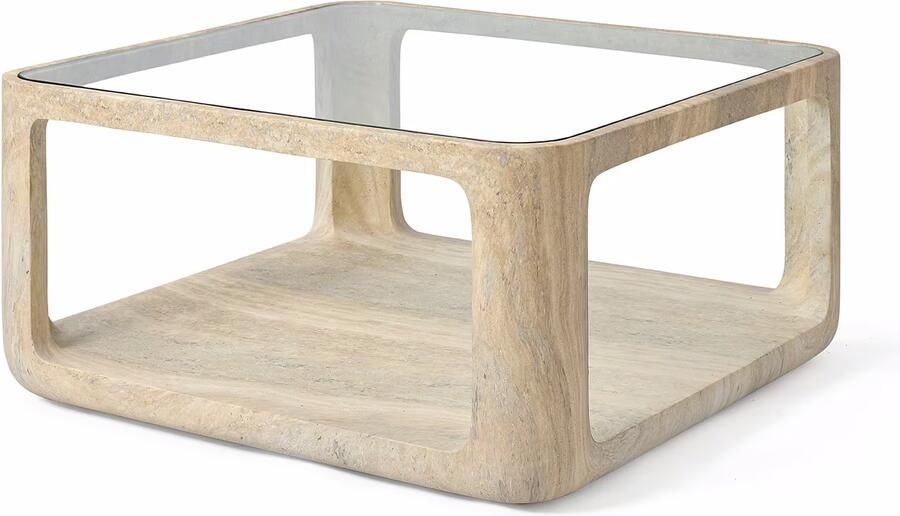 Jesper Home Salontafel Yobeko Travertinlook en glas 80 x 80cm Beige Vierkant