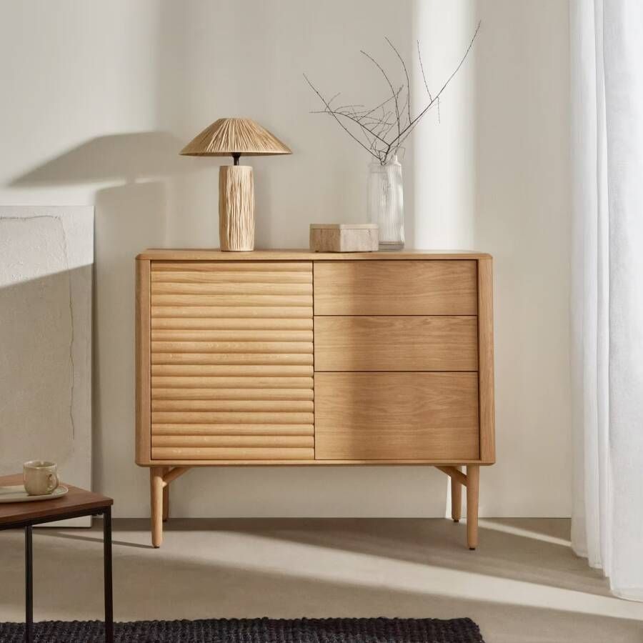 Kave Home Dressoir Lenon 1 deur en 3 laden van hout en eikenfineer 105 x 84 cm FSC MIX Krediet