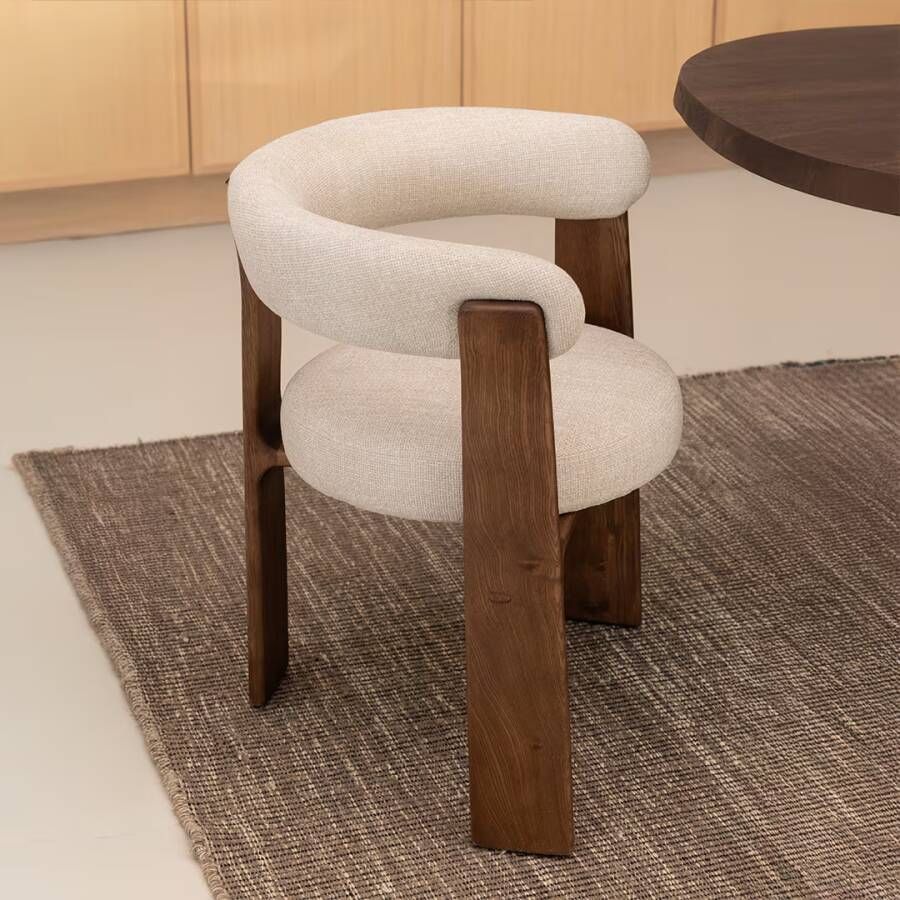 Kave Home Eetkamerstoel Granite Chenille en essenhout Beige Bruin Japandi