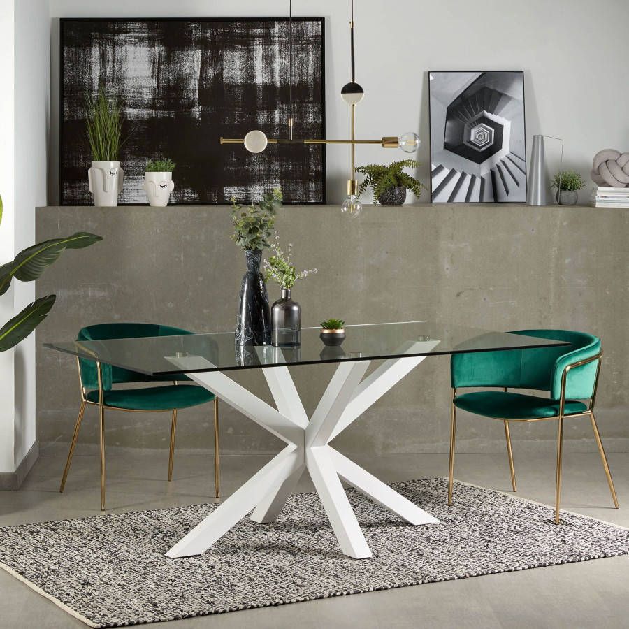 Kave Home Argo glazen tafel en stalen poten met witte afwerking 180 x 100 cm online kopen