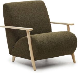 Kave Home Meghan fauteuil van groen fleece met massief essenhouten