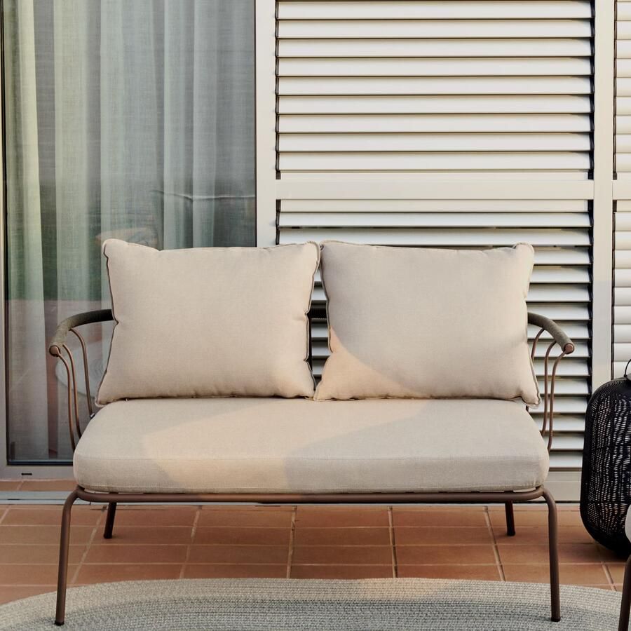 Kave Home Salguer 2-zitsbank in groen touw en staal met bruin gelakte afwerking 134 cm - Foto 3