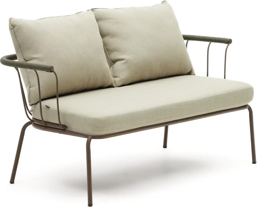 Kave Home Salguer 2-zitsbank in groen touw en staal met bruin gelakte afwerking 134 cm