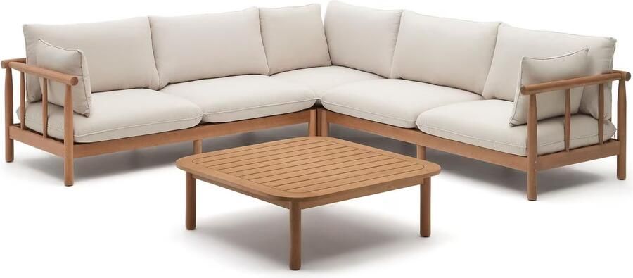 Kave Home Set Sacova 5-zits hoekbank en salontafel in eucalyptus massief hout FSC 100%