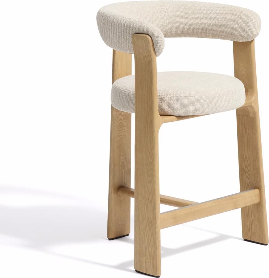Kave Home Barkruk Granite Met armleuning Chenille en essenhout Beige Naturel (zithoogte 75cm)