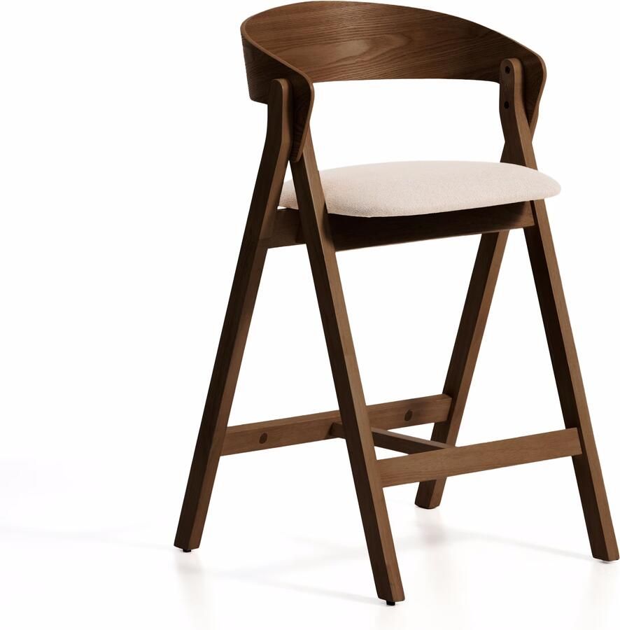 Kave Home Barstoel Godia Chenille en hout Beige Bruin (zithoogte 65cm)