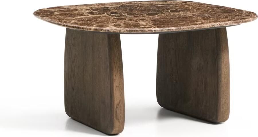Kave Home Bijzettafel Pirita Bruin marmer en donker eiken 70 x 71cm