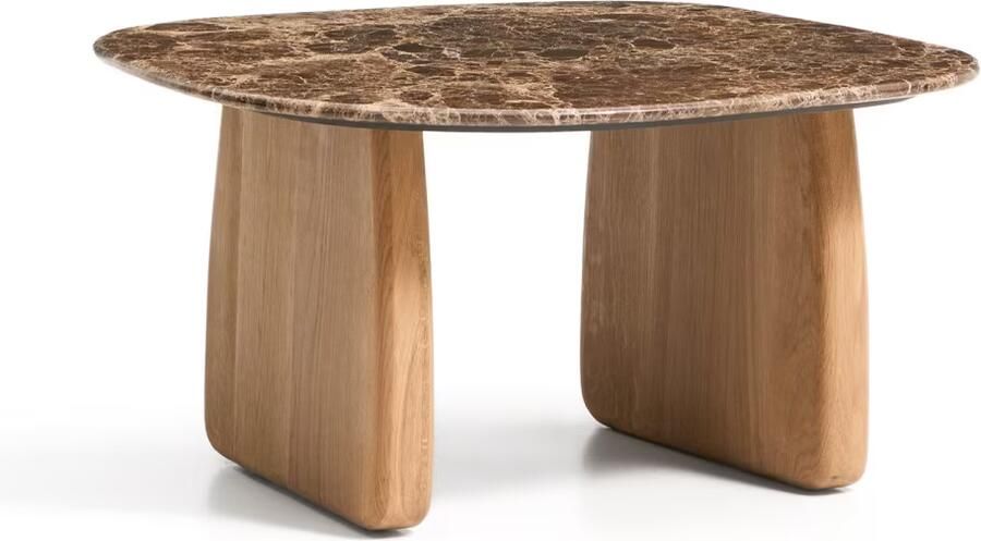 Kave Home Bijzettafel Pirita Bruin marmer en licht eiken 70 x 71cm Naturel