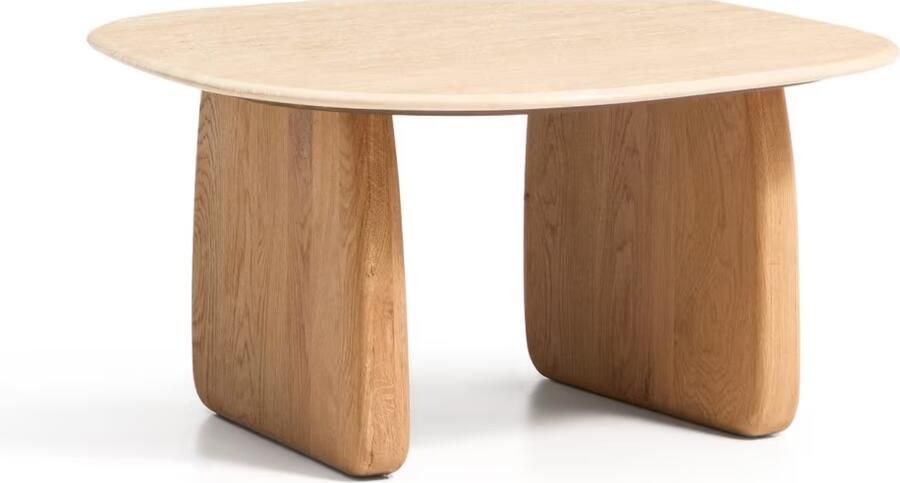 Kave Home Bijzettafel Pirita Travertin en licht eiken 70 x 71cm Beige