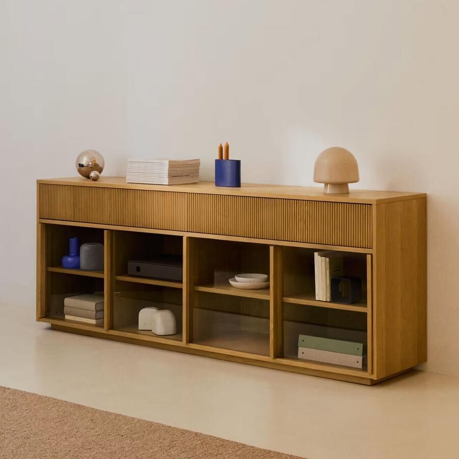 Kave Home Dressoir Helvine Eiken en glas 200cm Bruin Japandi