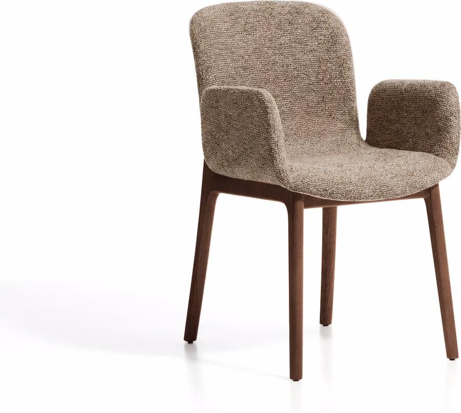 Kave Home Eetkamerstoel Elnor met armleuning Chenille en eiken Bruin