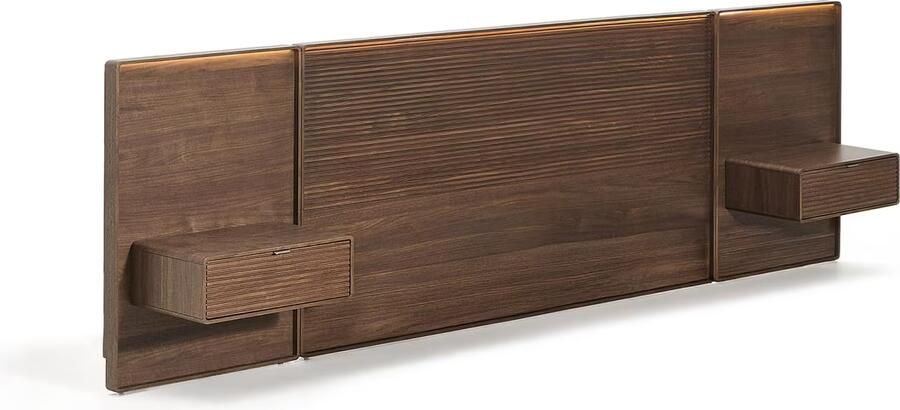 Kave Home Hoofdbord Norlen Met 2 nachtkastjes en LED-verlichting Walnootfineer 160cm Bruin
