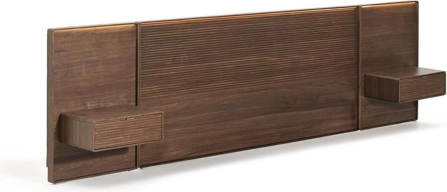 Kave Home Hoofdbord Norlen Met 2 nachtkastjes en LED-verlichting Walnootfineer 180cm Bruin
