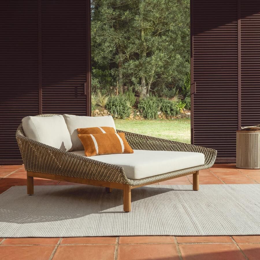 Kave Home Ligbed Olbia Tweepersoons Rattan en teakhout Groen