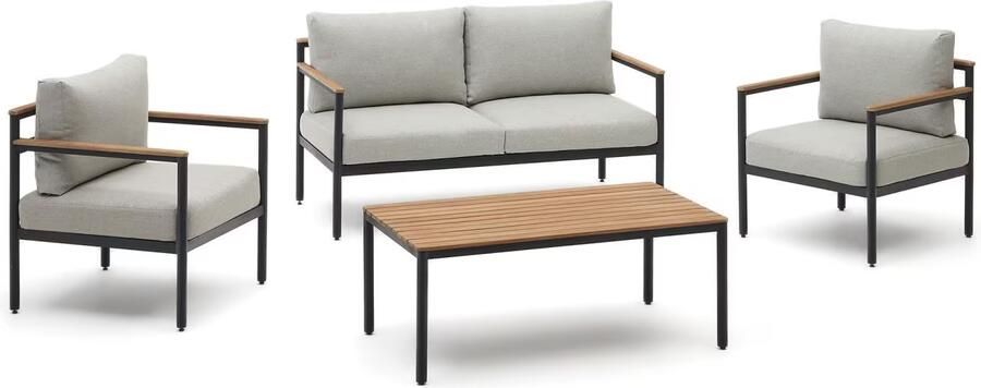 Kave Home Loungeset Aiguafreda 2-zits bank 2 fauteuils en salontafel Grijs