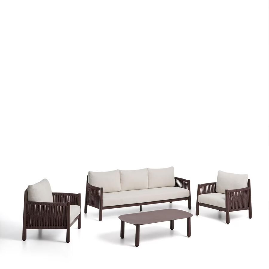 Kave Home Loungeset Aleria Met 3-zits bank 2 fauteuils en lage tafel Bruin