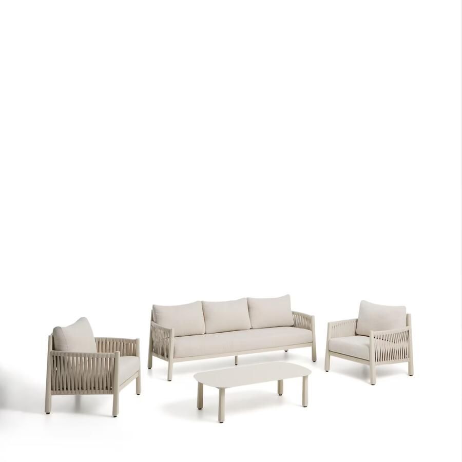 Kave Home Loungeset Aleria Met 3-zits bank 2 fauteuils en lage tafel Taupe