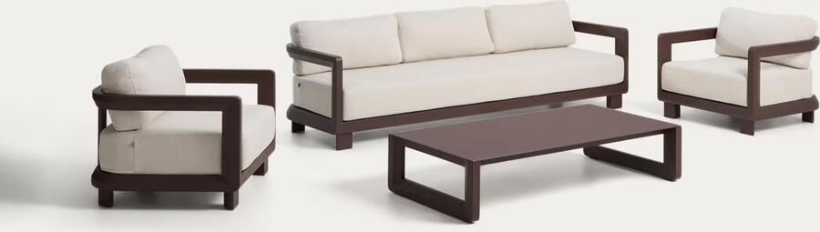 Kave Home Loungeset Nerano Met 3-zitsbank 2 fauteuils en salontafel Bruin