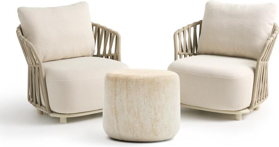 Kave Home Loungeset Osani Met 2 fauteuils en Dresi bijzettafel Ecru