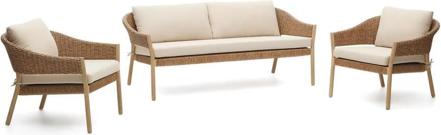 Kave Home Set Pola 2-zitsbank en 2 fauteuils in massief eucalyptushout en kunststof rotan FSC