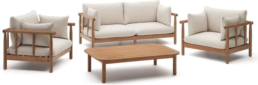 Kave Home Loungeset Sacova Eucalyptushout Met 2 fauteuils 2-zitsbank en salontafel Beige