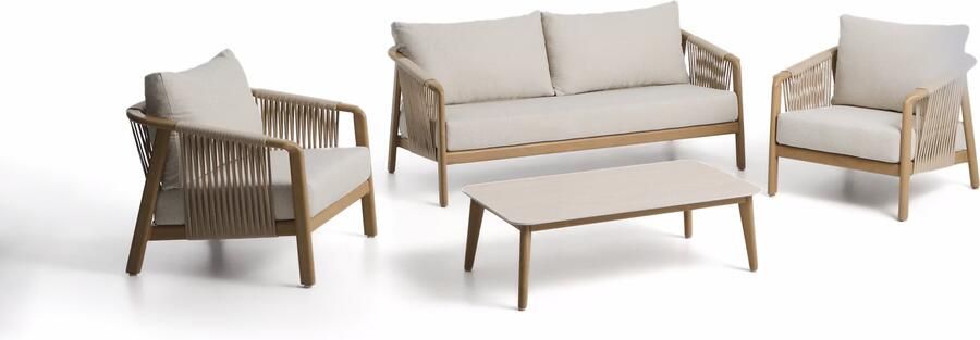 Kave Home Loungeset Sirte Met 3-zitsbank 2 fauteuils en tafel Ecru Houtlook