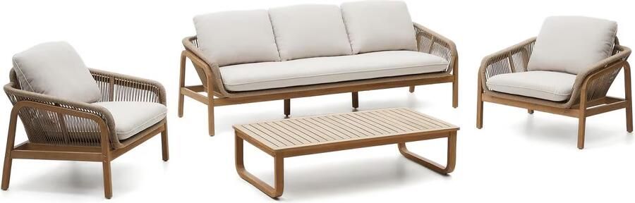 Kave Home Loungeset Vellana Acaciahout Met 3-zits bank 2 fauteuils en salontafel Beige