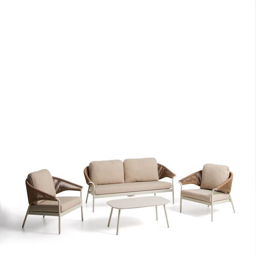 Kave Home Loungeset Zuara Met 3-zitsbank 2 fauteuils en tafel Ecru Bruin