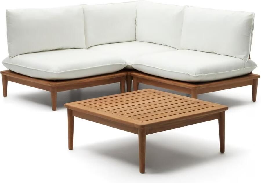 Kave Home Portitxol set van 1 hoekfauteuil 2 modulaire fauteuils en salontafel in massief teakhout